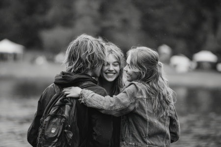 Three children, two girls and one boy, are happily embracing near the water, with a natural backdrop, showcasing the joy of friendship and youthful innocenceの素材