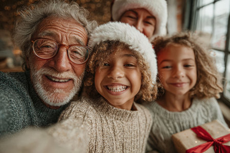 Happy elderly man poses with two children in warm sweaters, celebrating holidays with gifts and a cozy atmosphere, showcasing family joy and togethernessの素材