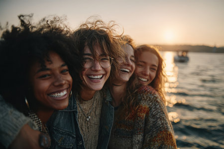 Diverse group of women smiling and embracing by the water at sunset, capturing the essence of friendship and joy in a serene outdoor atmosphereの素材