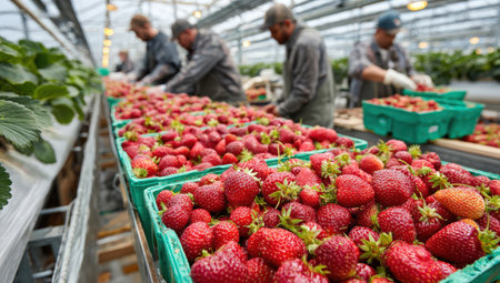 Agricultural workers are busy harvesting strawberries in a greenhouse, filling green baskets with fresh fruit, highlighting the importance of teamwork and sustainable agricultureの素材