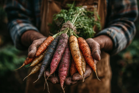 A pair of hands presents a colorful mix of freshly harvested carrots, highlighting the textures and earthy tones, symbolizing the joy of organic gardeningの素材
