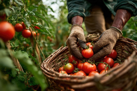 Worker is gathering fresh tomatoes in a vibrant field, wearing gloves and placing them into a basket, highlighting the agricultural effort and connection to natureの素材