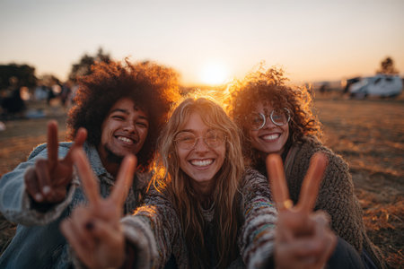 Diverse group of friends smiling and posing with peace signs, enjoying a sunset in an outdoor setting, embodying happiness and connection in a natural environmentの素材