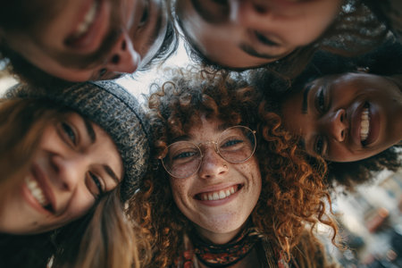 Diverse group of friends is smiling and posing together outdoors, capturing a joyful moment of friendship and connection in a lively atmosphere filled with natural lightの素材