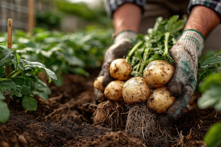 Gardener's hands, gloved and dirty, are pulling potatoes from the earth in a lush garden, highlighting the beauty of organic farming and sustainable practicesの素材