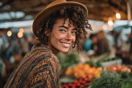 Smiling female vendor with curly hair in a hat, stands at a bustling market filled with fresh fruits and vegetables, radiating warmth and happinessの素材