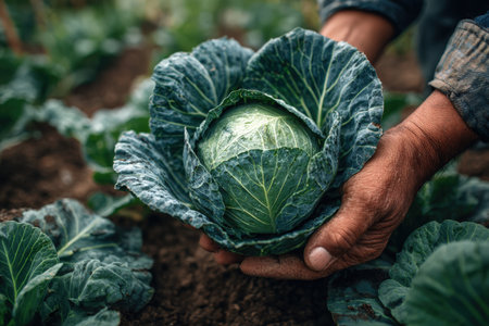 Farmer's hands cradle a fresh cabbage in a thriving garden, surrounded by leafy greens, highlighting the essence of organic farming and the joy of harvestの素材