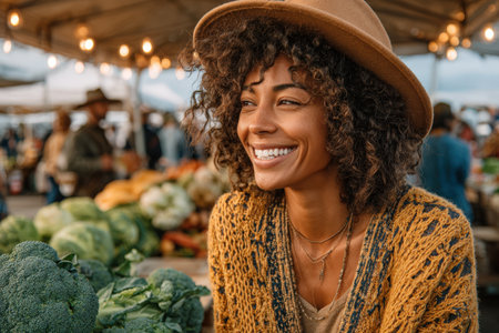 Smiling female vendor with curly hair in a hat, enjoying the lively outdoor market filled with fresh vegetables and cheerful ambiance, showcasing community spiritの素材
