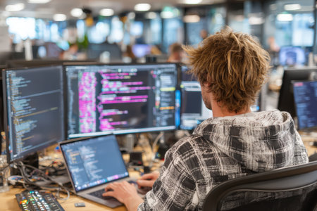 Male software developer is engaged in coding at a contemporary office, with multiple monitors showcasing vibrant code and digital information, highlighting a tech-driven environmentの素材