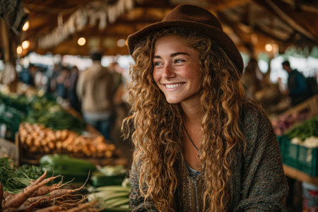 Smiling young woman with curly hair in a brown hat enjoys her time at an outdoor market filled with fresh vegetables and lively atmosphere, capturing the essence of communityの素材