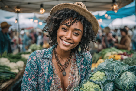 Smiling female vendor at a bustling farmers market, surrounded by colorful vegetables and cheerful shoppers, showcasing a lively and inviting environmentの素材