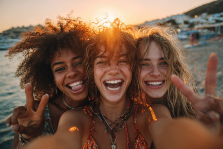 Three smiling women are enjoying a sunset by the beach, capturing a moment of friendship and joy, with warm sunlight illuminating their faces and surroundingsの素材