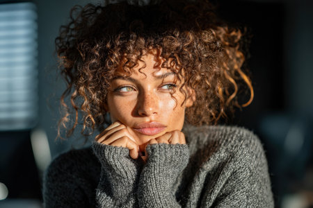Female with curly hair, wearing a soft gray sweater, is gazing thoughtfully in a well-lit indoor space, creating a calm and reflective atmosphereの素材