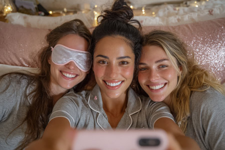 Group of three women in pajamas happily taking a selfie on a cozy bed with decorative pillows and soft lighting, showcasing a warm atmosphere of friendshipの素材
