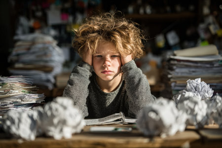 Frustrated young boy with curly hair sits at a messy desk filled with crumpled paper, deep in thought about his homework and creative challengesの素材