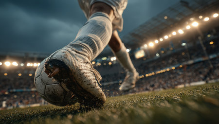 Athlete in white gear is striking a soccer ball on vibrant grass, with bright stadium lights and enthusiastic spectators creating an electrifying atmosphereの素材