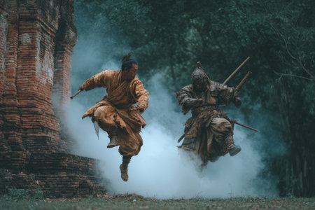 Two skilled martial artists in traditional clothing are captured mid-air, surrounded by smoke in a lush forest, emphasizing action and athleticismの素材