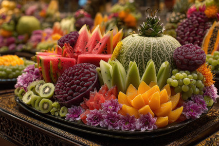 Colorful tropical fruit arrangement on decorative platter, featuring melons, berries, and flowers, creating an inviting and festive atmosphere for culinary displaysの素材