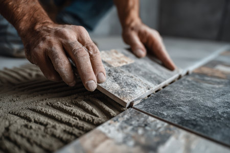 Craftsman is installing ceramic tiles on a prepared surface, demonstrating skill and focus while working with textured materials in a construction environmentの素材