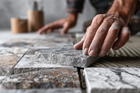 Craftsman carefully positions stone tiles on a surface, highlighting the detailed textures and patterns, surrounded by tools and materials in a contemporary workspaceの素材