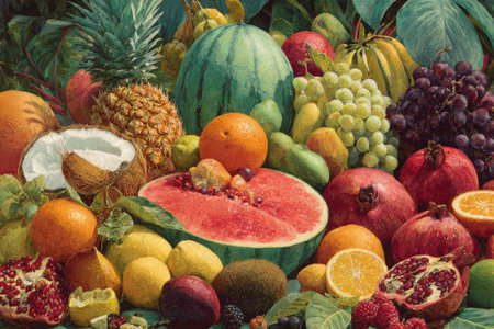 Colorful display of various fruits such as watermelon, pineapple, and grapes, surrounded by lush green foliage, highlighting the beauty and diversity of nature's harvestの素材
