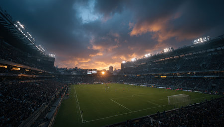 A lively soccer stadium scene showcases passionate fans under a stunning sunset, highlighting the energy and excitement of a competitive sports environmentの素材