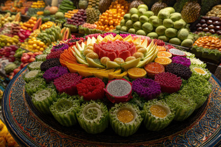 Exquisite arrangement of carved fruits in a floral design, featuring bright colors and diverse textures, ideal for culinary presentations and festive occasionsの素材