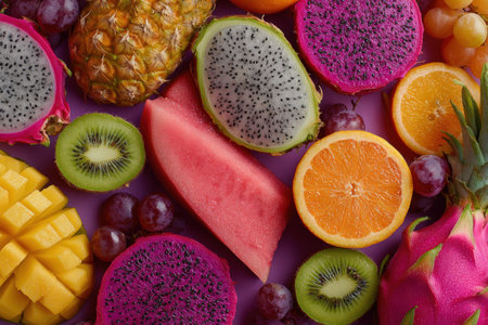 Colorful arrangement of tropical fruits like dragon fruit, kiwi, pineapple, and watermelon on a vibrant background, highlighting the appeal of healthy eating and freshnessの素材