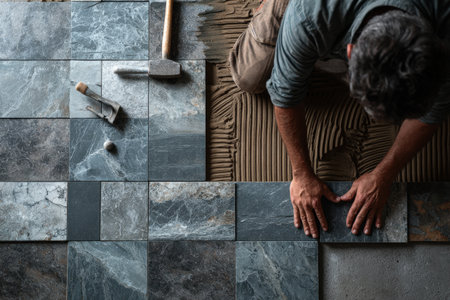 Male tile installer is laying gray stone tiles on a prepared surface, demonstrating precision and craftsmanship in a home renovation environmentの素材