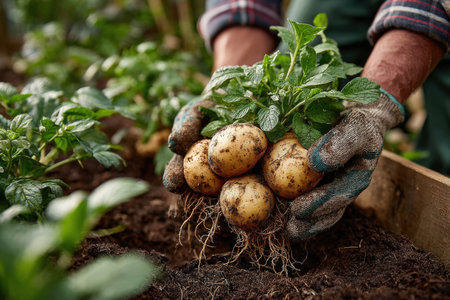 Gardener's hands grasp freshly harvested potatoes with lush green leaves, illustrating the rewarding process of cultivation and the beauty of organic gardeningの素材