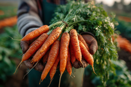 Farmer displays freshly harvested carrots with green tops and earthy texture, surrounded by a vibrant agricultural field, emphasizing sustainable farming methodsの素材