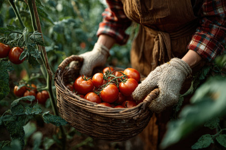 Person gathers fresh tomatoes in a basket, surrounded by vibrant green foliage, highlighting the beauty of farming and the joy of harvesting produceの素材
