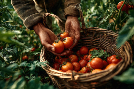 Farmer's hands gather ripe tomatoes from a vibrant garden, placing them into a rustic basket, highlighting the connection between nature and sustainable agricultureの素材