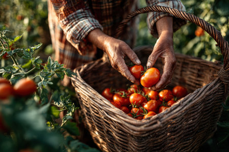 Farmer's hands are carefully selecting ripe tomatoes from a vibrant garden, filling a rustic basket, illustrating the essence of sustainable agriculture and fresh produceの素材