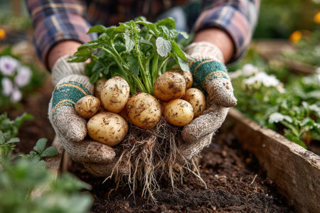 Hands are presenting freshly harvested potatoes with green foliage, highlighting the joy of gardening and the connection to nature in a flourishing garden environmentの素材