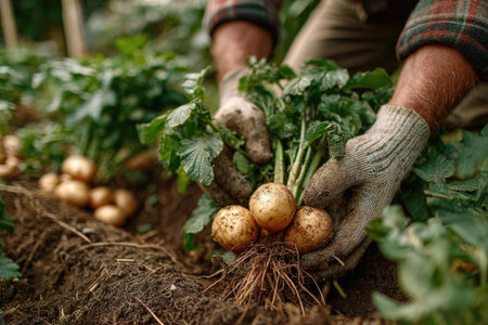 Worker is carefully pulling fresh organic potatoes from the ground, surrounded by rich soil and lush green foliage, highlighting the connection to nature and agricultureの素材