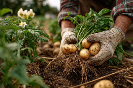 Farmer's hands, gloved and earthy, are gathering freshly harvested potatoes from rich soil, amidst lush green plants and delicate flowers, showcasing agricultural laborの素材