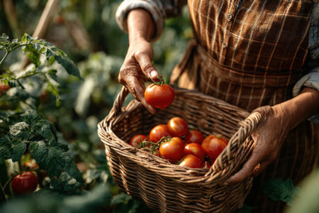 Elderly female gardener is picking ripe tomatoes from a vibrant garden, holding a woven basket filled with fresh vegetables, celebrating nature's bountyの素材