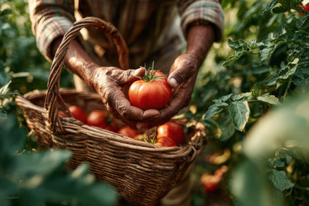 Male farmer is holding fresh tomatoes in hands, surrounded by vibrant green plants, with a basket of produce, illustrating dedication to agriculture and nature's bountyの素材