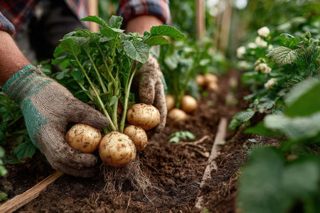 Gardener's hands, adorned with gloves, are harvesting ripe potatoes from rich soil in a vibrant garden, illustrating the beauty of organic farming and nature's bountyの素材