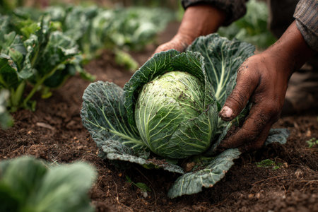 Male farmer is carefully pulling cabbage from the earth, with vibrant green leaves and rich soil, illustrating dedication to agriculture and organic farming methodsの素材