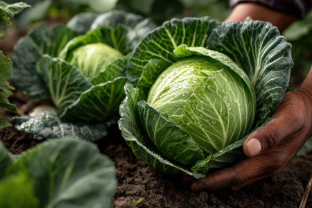 Hand is gently harvesting fresh green cabbage from a garden, surrounded by lush foliage and rich soil, illustrating the beauty of organic farming and nature's bountyの素材