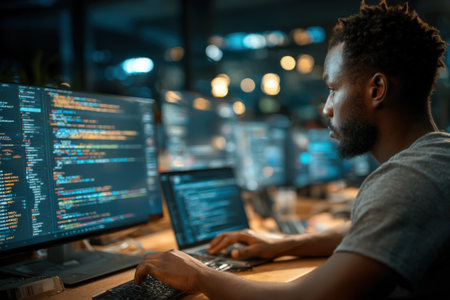 Male programmer engaged in coding at a contemporary workspace, surrounded by multiple screens filled with vibrant code, illustrating the tech environment and creativityの素材