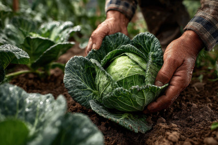 Farmer's hands are carefully pulling a vibrant green cabbage from the earth in a flourishing garden, highlighting the essence of organic farming and nature's bountyの素材