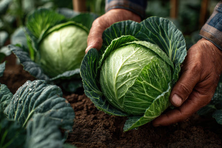 Farmer's hands carefully cradle a fresh cabbage in a flourishing garden, surrounded by rich green leaves and earthy soil, highlighting agricultural dedicationの素材