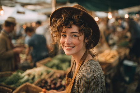 Smiling young woman with curly hair in a hat stands in a lively market, surrounded by colorful produce and people, showcasing a vibrant atmosphere of community engagementの素材