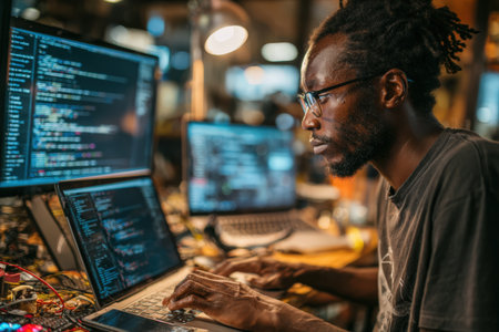 Male software developer is focused on coding at a desk with multiple screens and cables, creating a dynamic atmosphere of innovation and technologyの素材