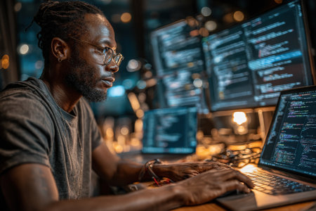 Male software developer is engaged in coding at a desk with several monitors showing programming code, creating an innovative and dynamic tech environmentの素材