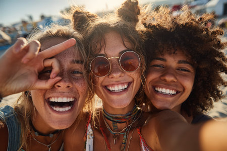 Three cheerful young women are enjoying a sunny day at the beach, capturing a joyful selfie that highlights their friendship and vibrant summer atmosphereの素材