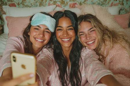 Three women in comfortable pajamas are happily taking a selfie on a bed, surrounded by fluffy pillows and a floral backdrop, showcasing their joyful connectionの素材